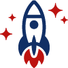 Harness the power of humans Blue and red icon of rocketship - harness the power of humans